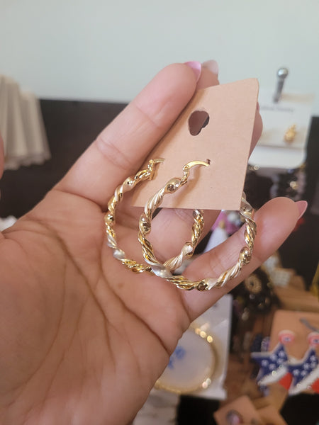Two tone 14k gold plated medium twisted hoops