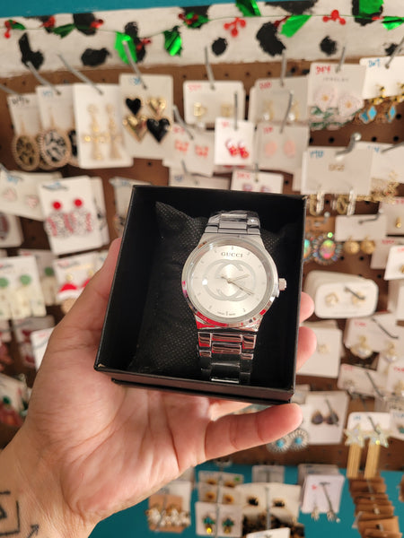 G mens silver watch with box