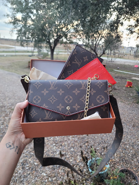 Lou brown 3 pcs double strap crossbody with box