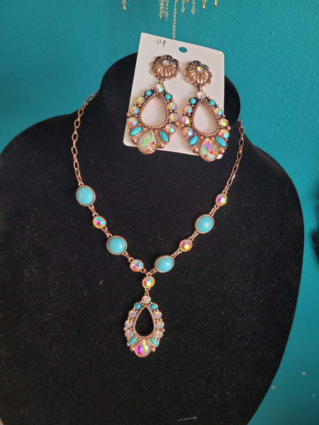 Turquoise Ab crystal copper necklace & earring set #14