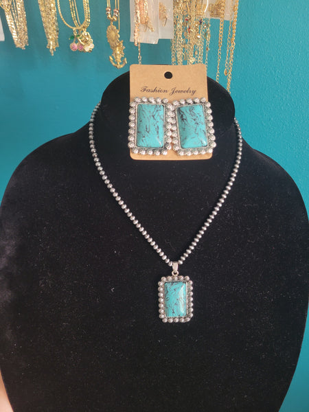 Square turquoise necklace & studs set #17
