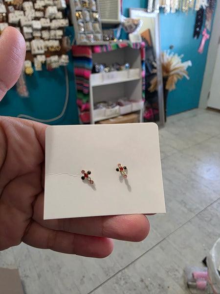 18k plated cross crystal mini screw on studs #22