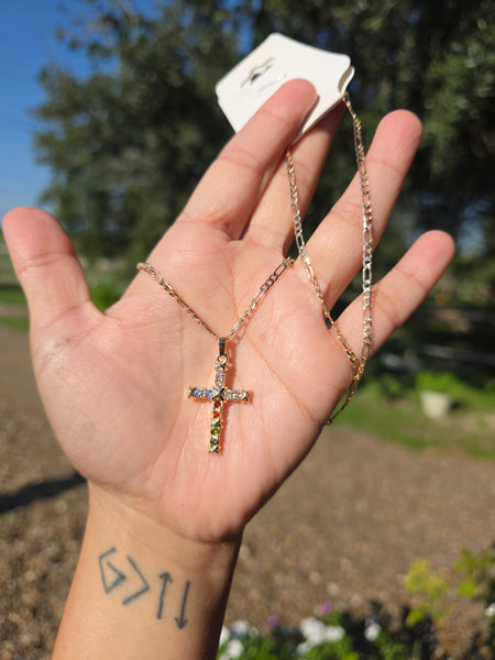 14k plated multi stone cross necklace 20' #304