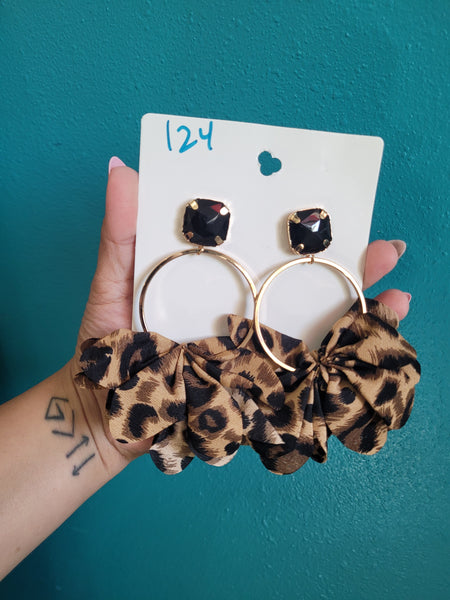 Large leopard fabric hoop drops #124