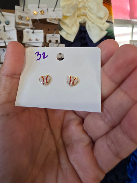 18k plated screw on baseball heart studs #32