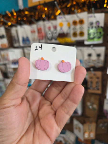 Pink polyclay pumpkin studs #24